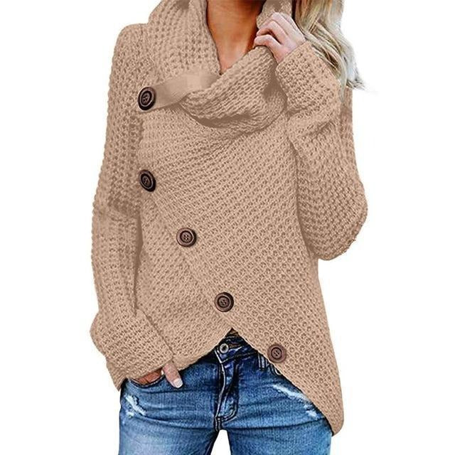 Asymmetric Button Cowl Neck Waffle Sweater