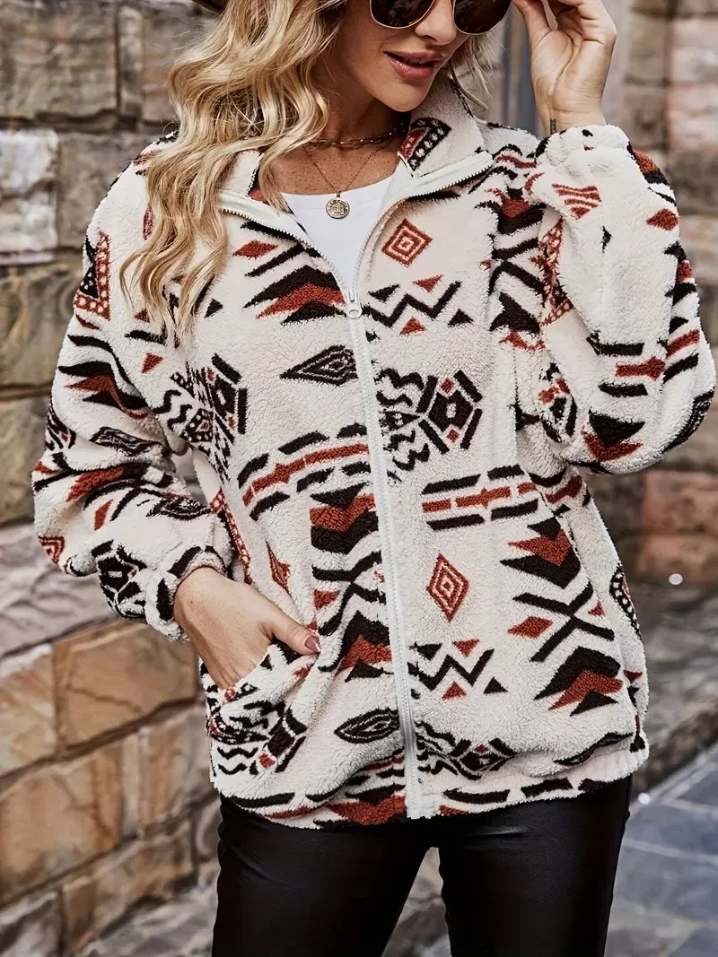 Relaxed Fit Fleece Stand Collar Jacket