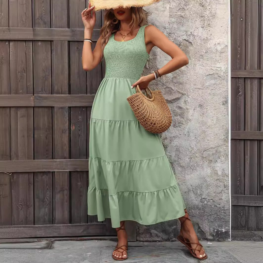 Smocked Bodice Tiered Pleated Midi Dress