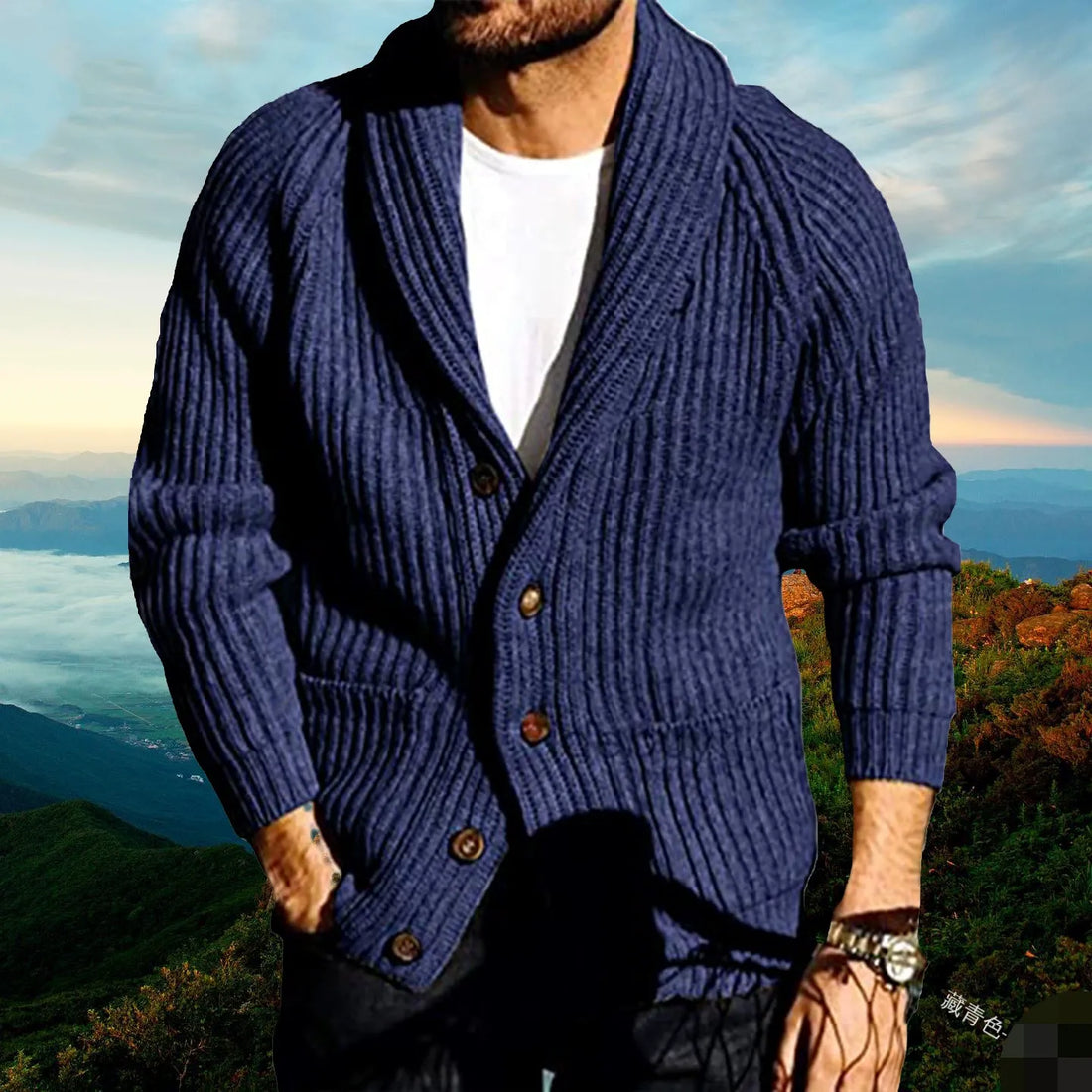 Shawl Collar Ribbed Knit Slim Fit Cardigan