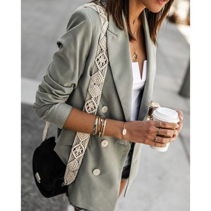 Ruched Double-Breasted Wool Blend Blazer
