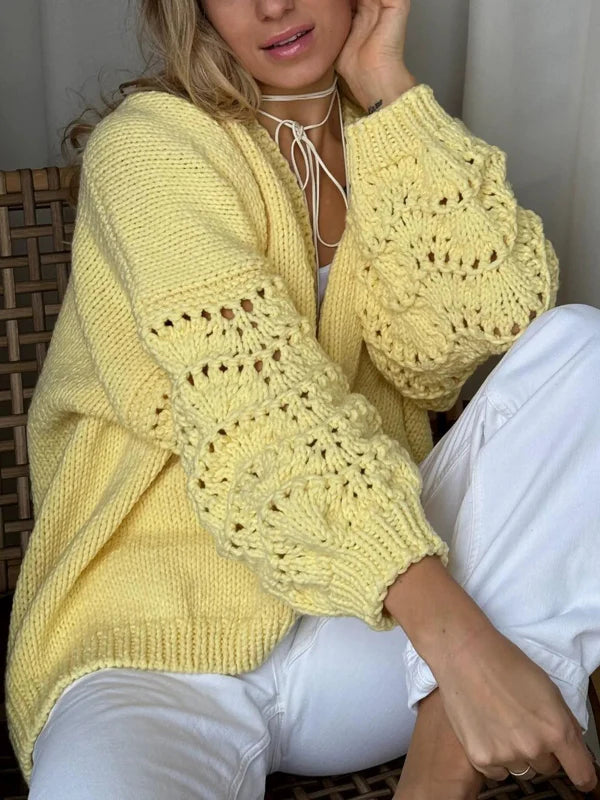 Wool Knit Openwork Lantern Sleeve Cardigan