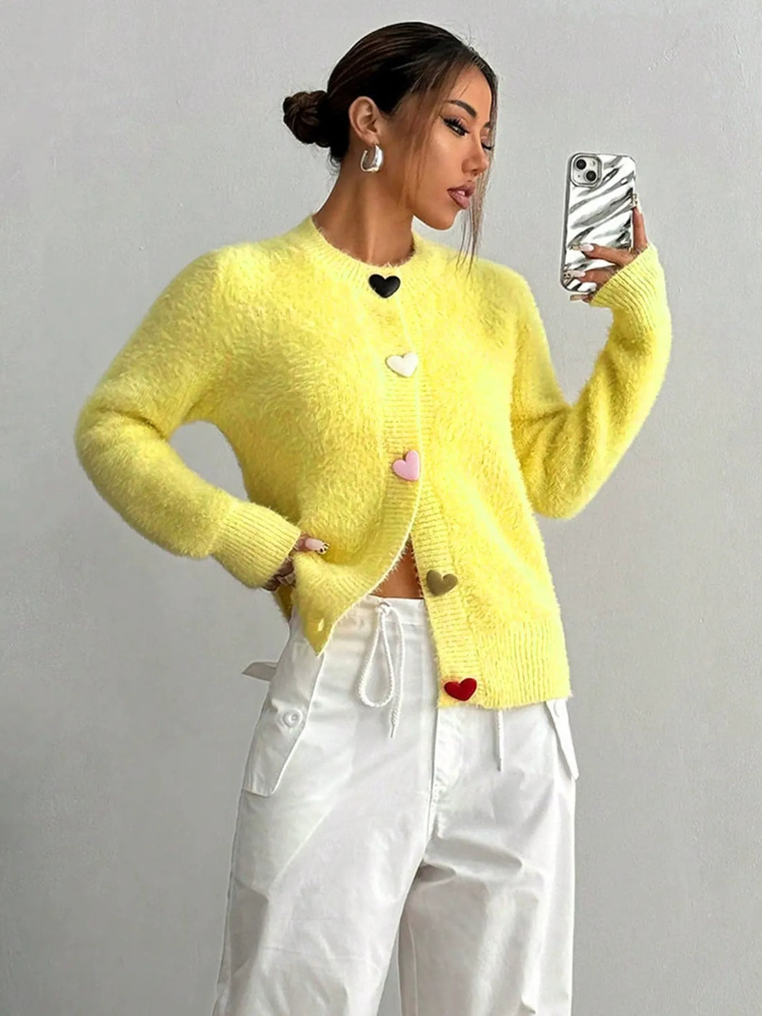Heart Button Fluffy Knit Cardigan