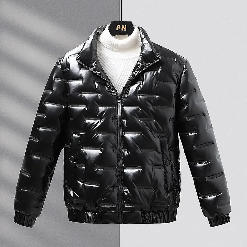 Slim Fit Shiny Quilted Stand Collar Coat