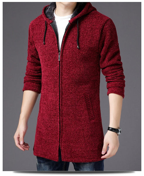 Men’s Cardigan Jacket - Knit - Slim Fit - Mid-Thigh Length - Hooded Neckline