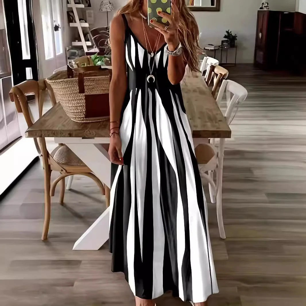 Vertical Stripe Flowing Sleeveless Maxi Dress