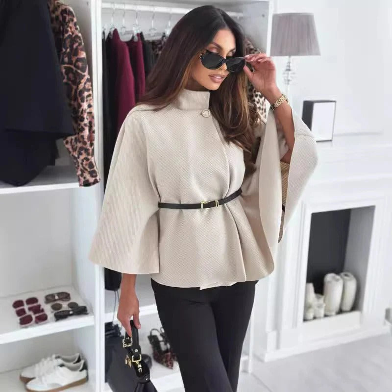 Belted High Neck Draped Sleeve Poncho Blouse