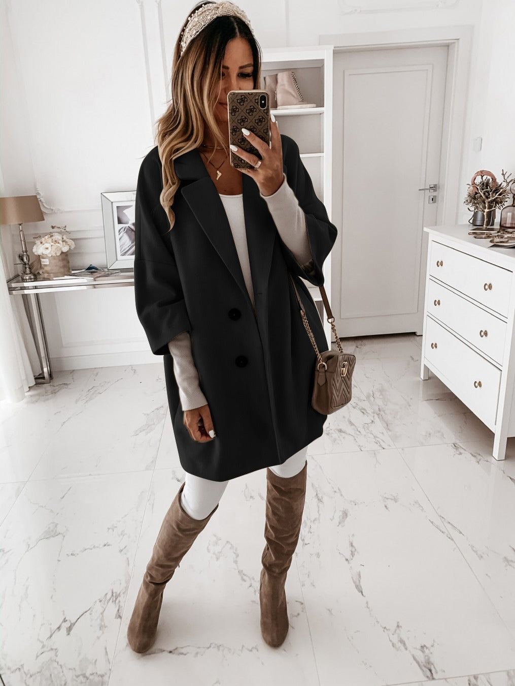 Oversized Fit Three-Quarter Sleeve Wool Coat