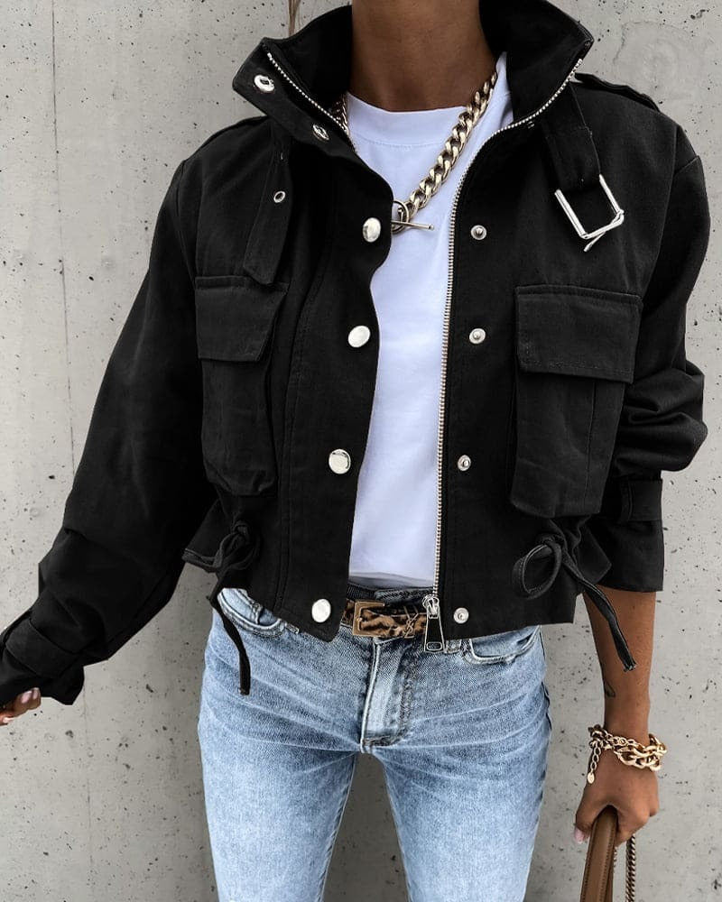 Utility Style Drawstring Waist Cropped Jacket