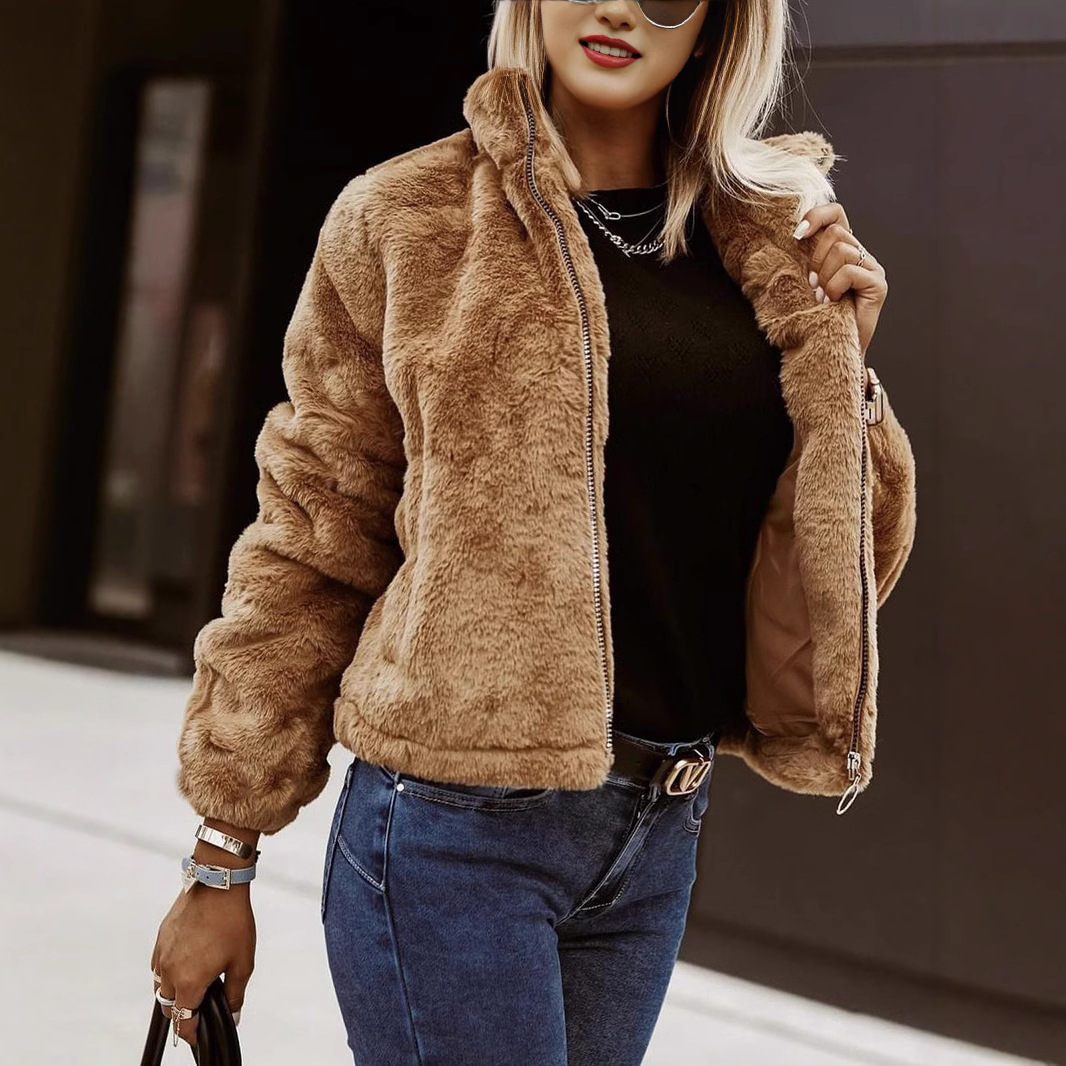 Plush Faux Leather High Collar Zip Cardigan