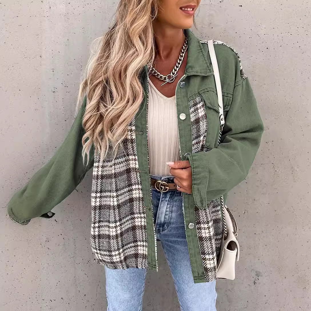 Plaid Panel Relaxed Fit Denim Jacket