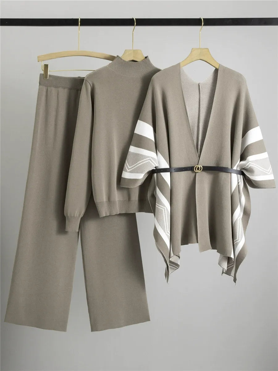 Three-Piece Belted Striped Sleeve Shawl Cardigan