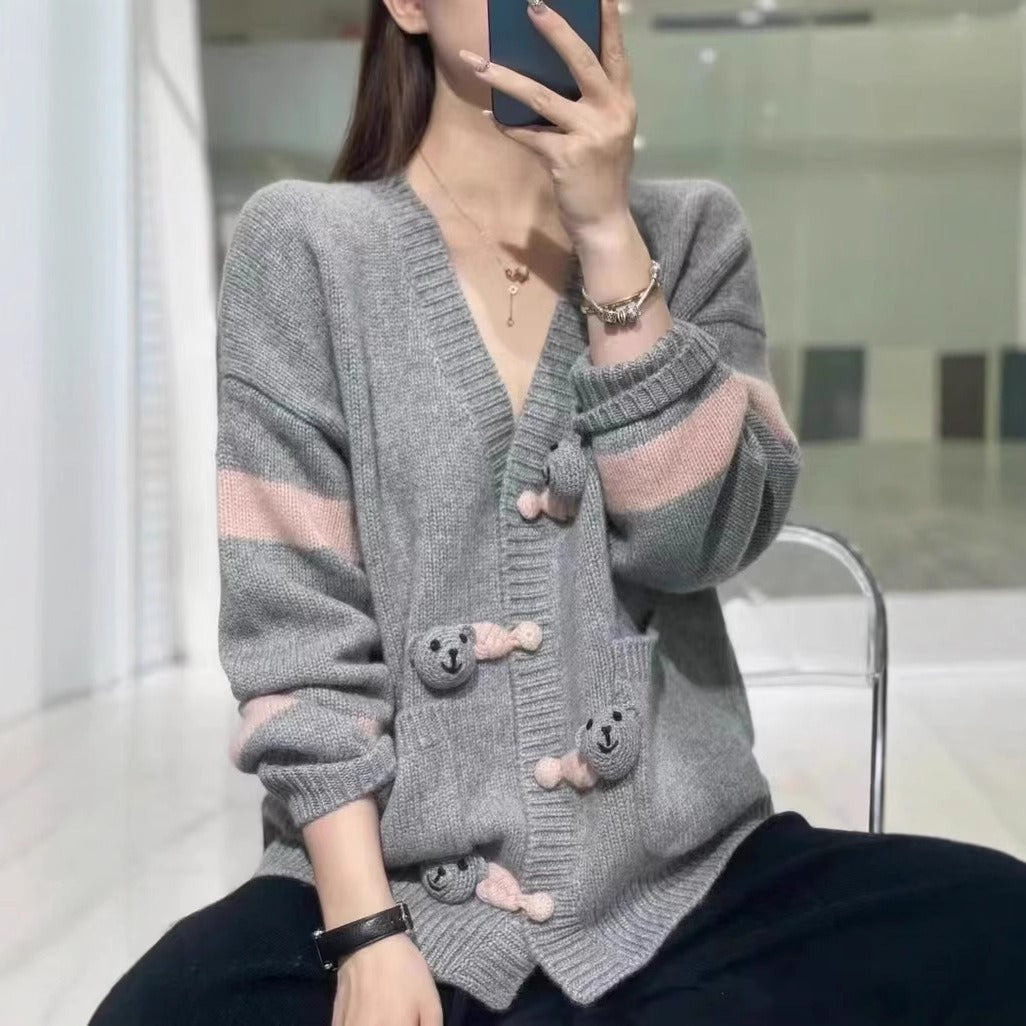 Knit Wool Oversized Bear Button Cardigan
