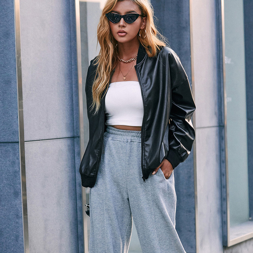 Faux Leather Slim Fit Baseball Jacket