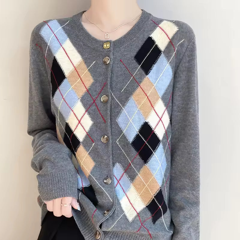 Knit Argyle Button Front Cardigan Sweater