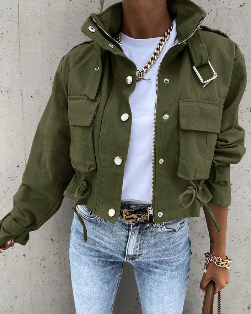 Utility Style Drawstring Waist Cropped Jacket
