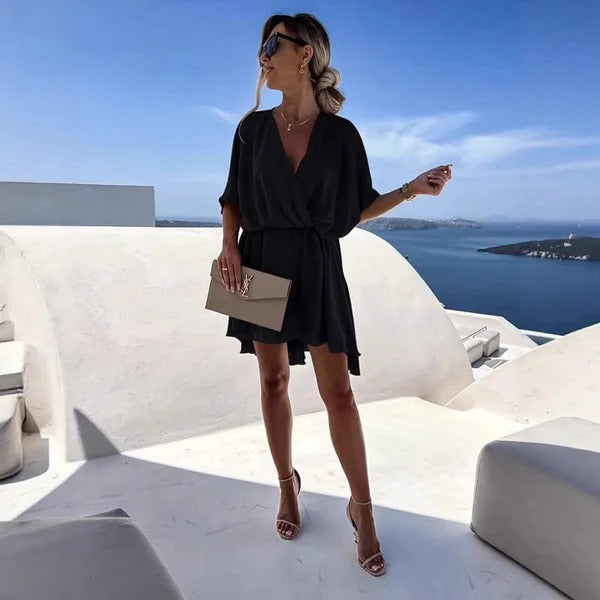 Deep V-Neck Cinched Waist Wrap Dress