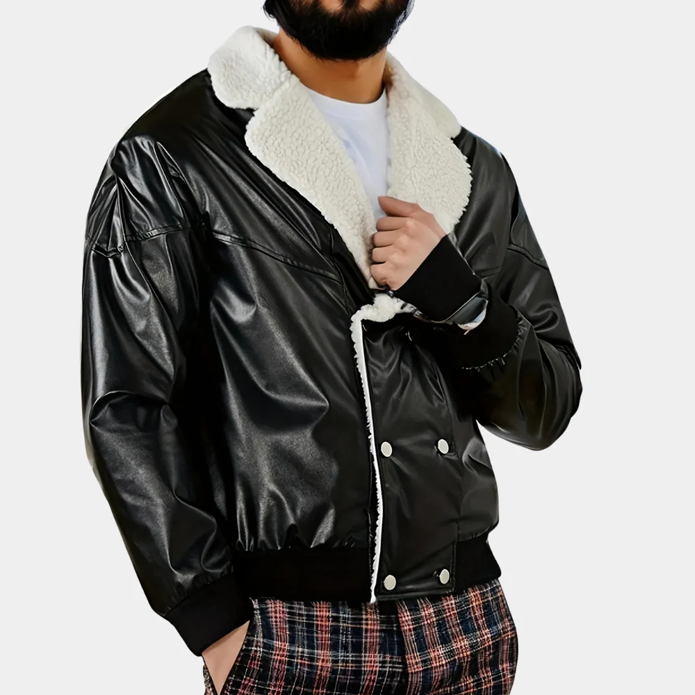 Faux Leather Plush Collar Bomber Jacket