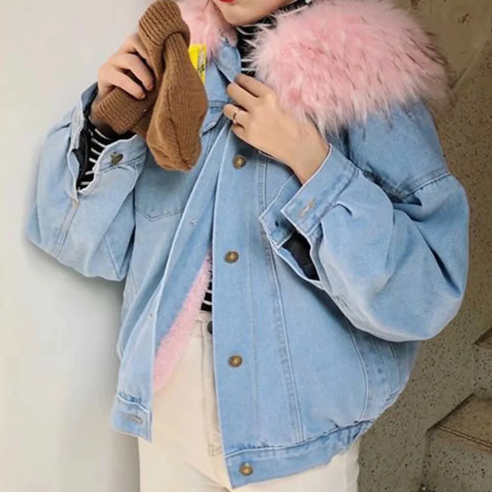 Fleece Lined Faux Fur Collar Denim Jacket
