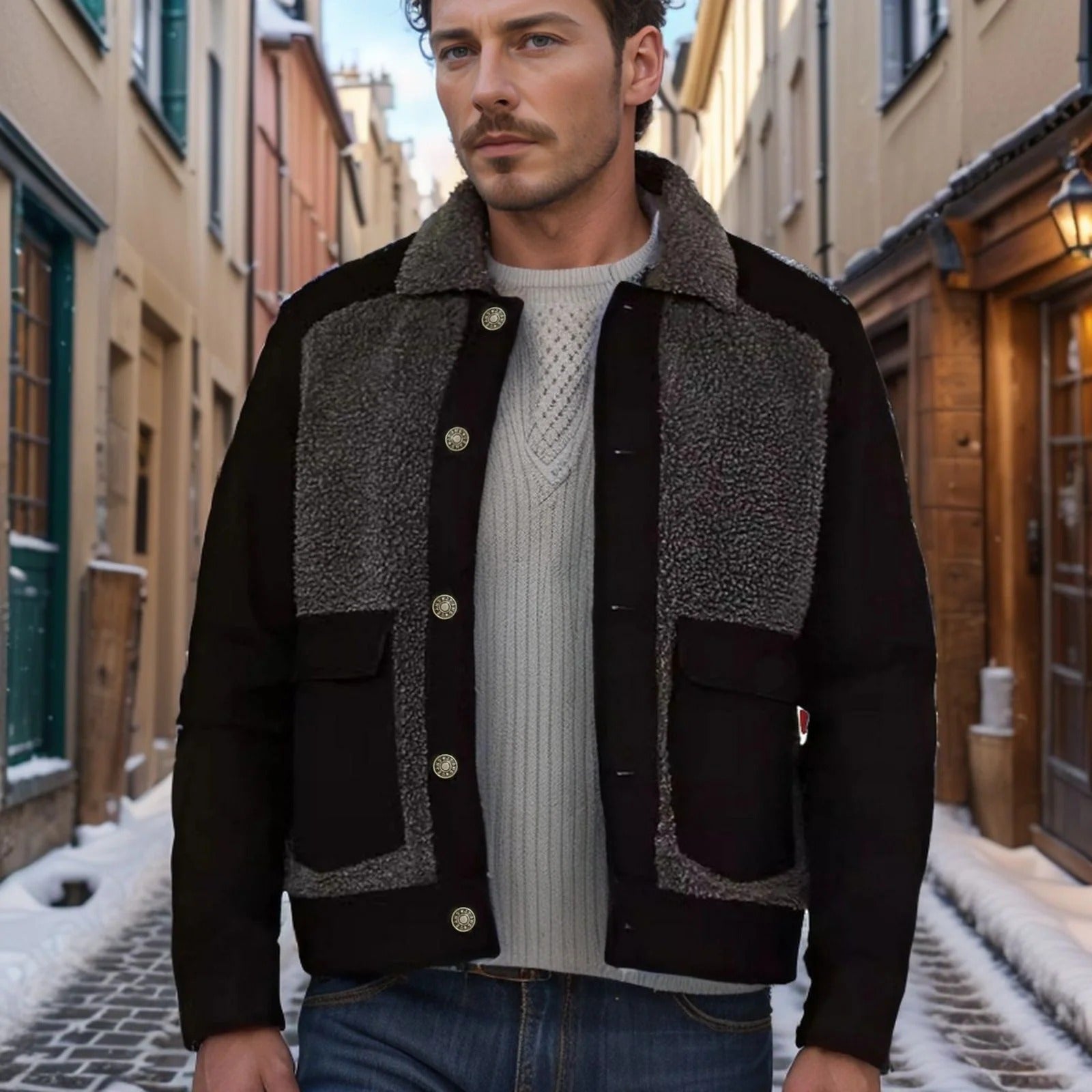 Sherpa Collar Patchwork Design Coat