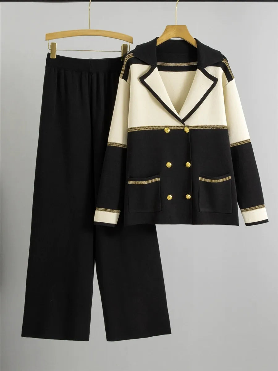 Two-Piece Knitted Double-Breasted Wide-Leg Suit Set
