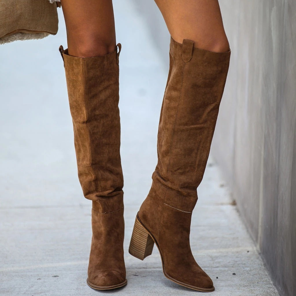 Suede Pull-On Block Heel Over-the-Knee Boots