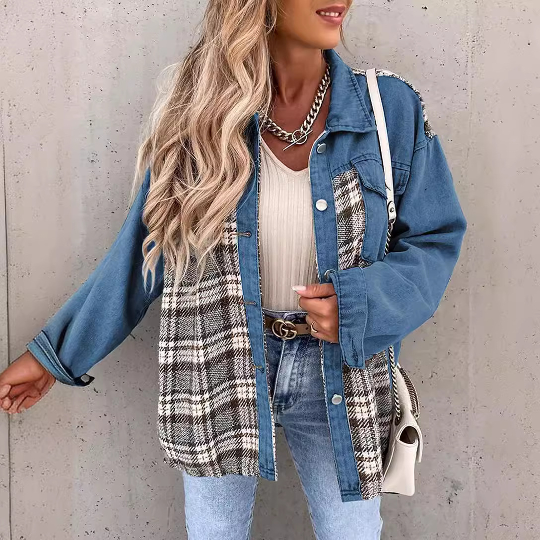 Plaid Panel Relaxed Fit Denim Jacket