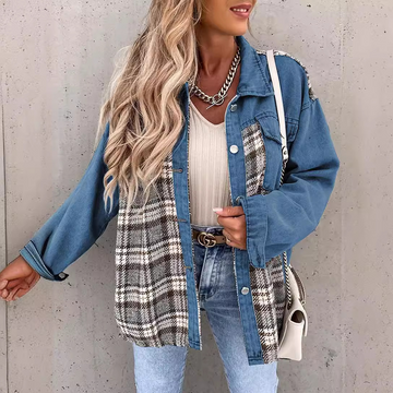 Plaid Panel Relaxed Fit Denim Jacket