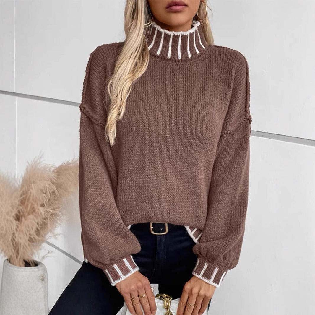 Ribbed Knit Mock Turtleneck Blouson Sweater