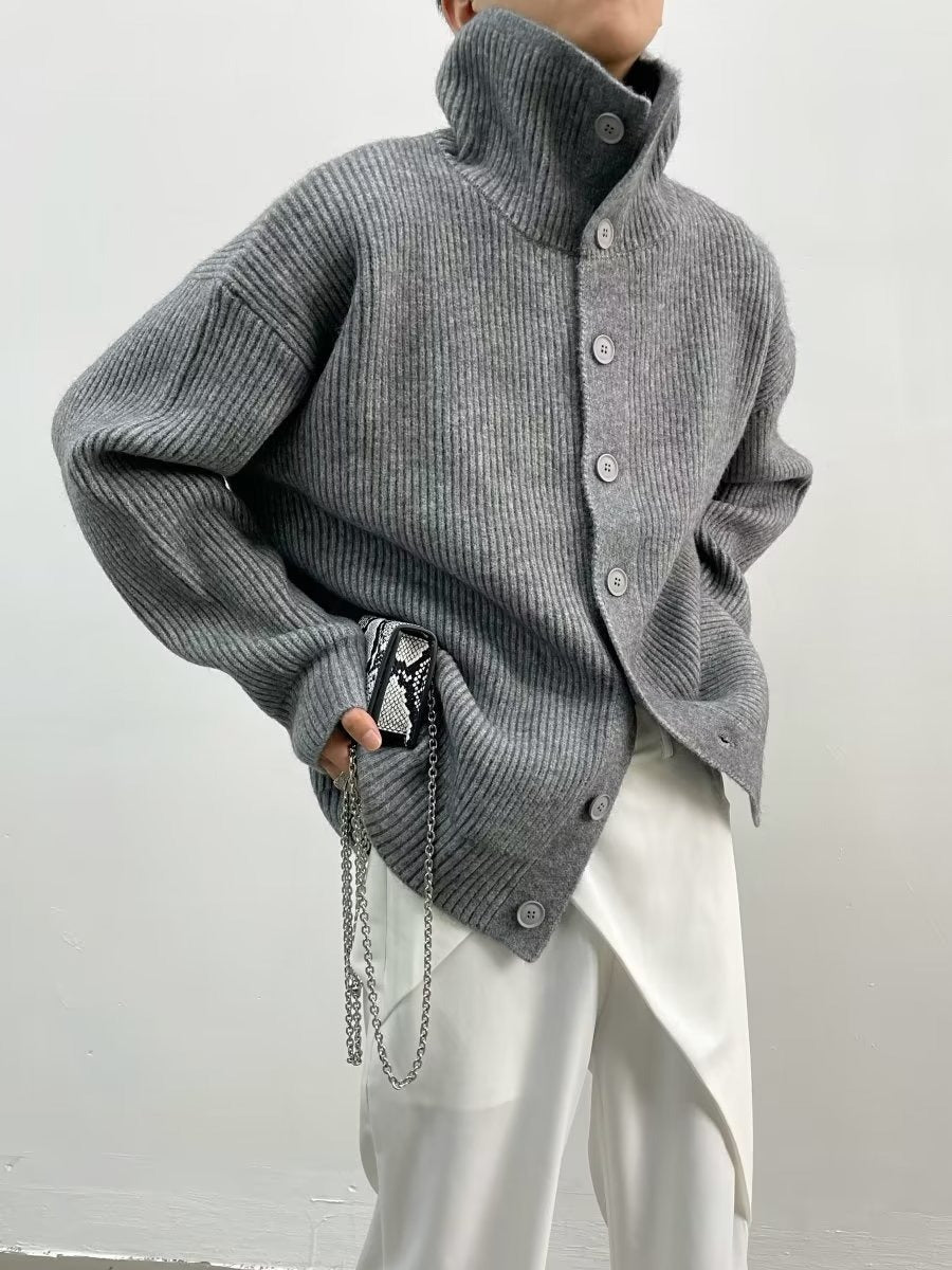 Ribbed Knit High Collar Oversized Cardigan