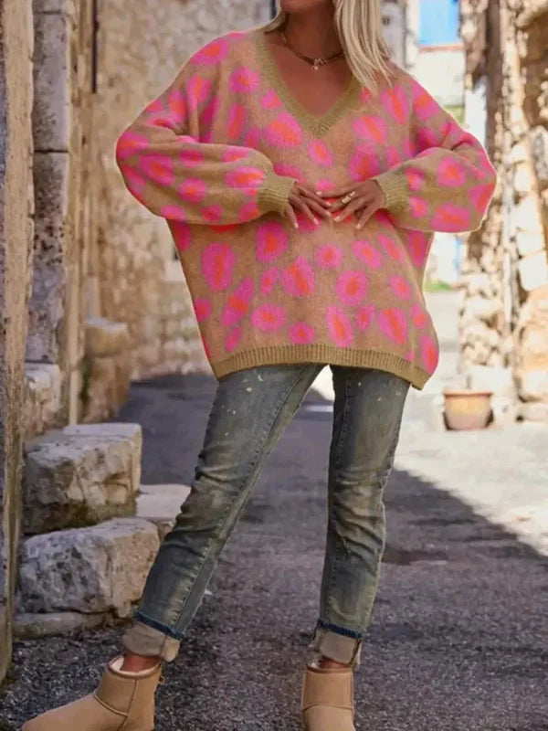 Oversized Jacquard Knit V-Neck Sweater