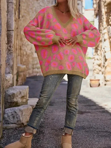 Oversized Jacquard Knit V-Neck Sweater
