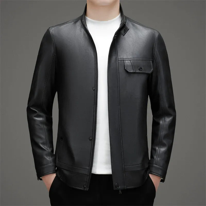 Tailored Fit Band Collar Leather Jacket