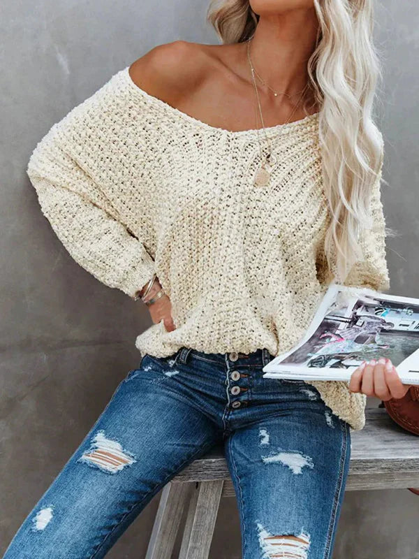 Textured Knit Off Shoulder V-Neck Sweater