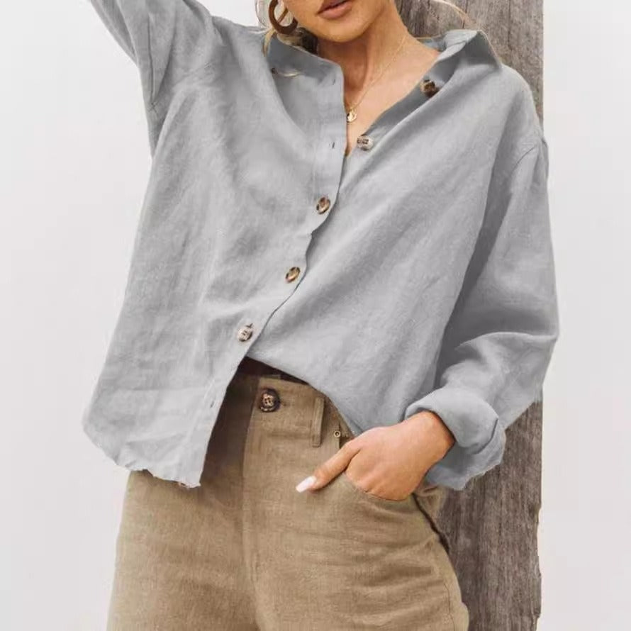 Cotton Linen Blend Loose Fit Long Sleeve Shirt