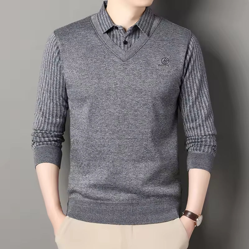 Fleece-Lined Polo Collar Pullover Sweater