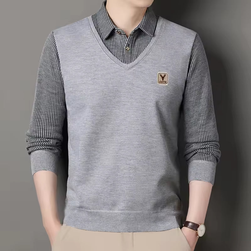 Plaid Sleeve Faux Layered Pullover Sweatshirt