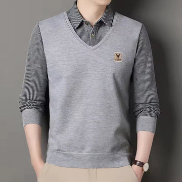 Plaid Sleeve Faux Layered Pullover Sweatshirt