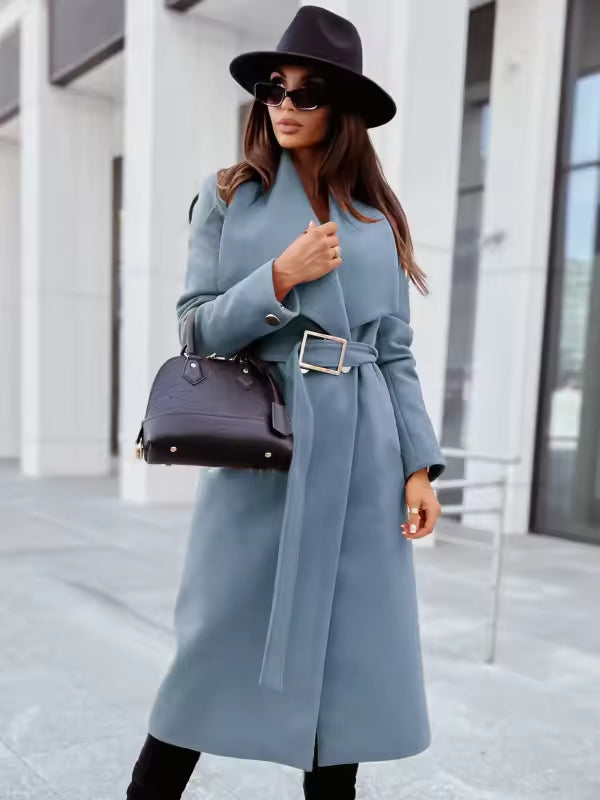 Belted Wool Blend Tailored Long Coat