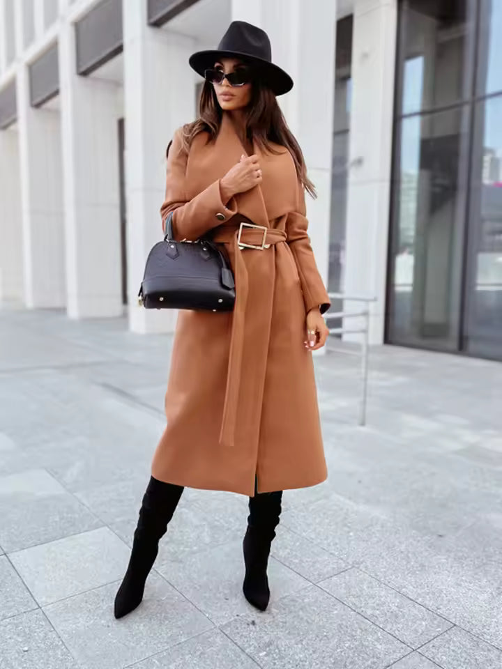 Belted Wool Blend Tailored Long Coat