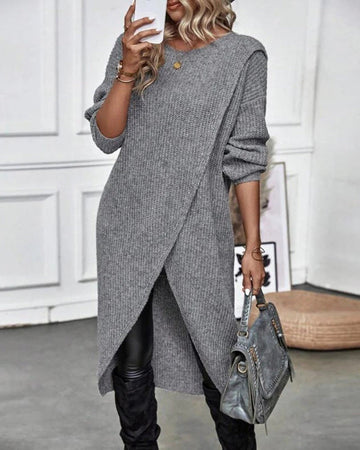 Ribbed Wool Asymmetrical Wrap Long Pullover