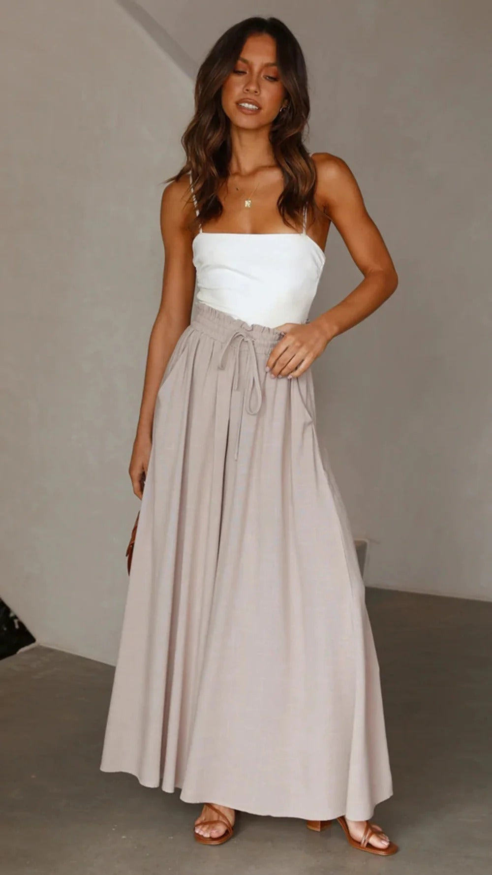 Cotton Blend Pleated Drawstring Maxi Skirt
