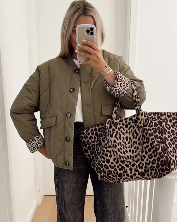 Leopard Cuff Relaxed Fit Quilted Jacket