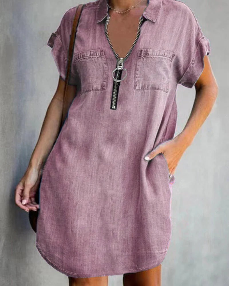 Relaxed Fit Zipper Front Denim Dress