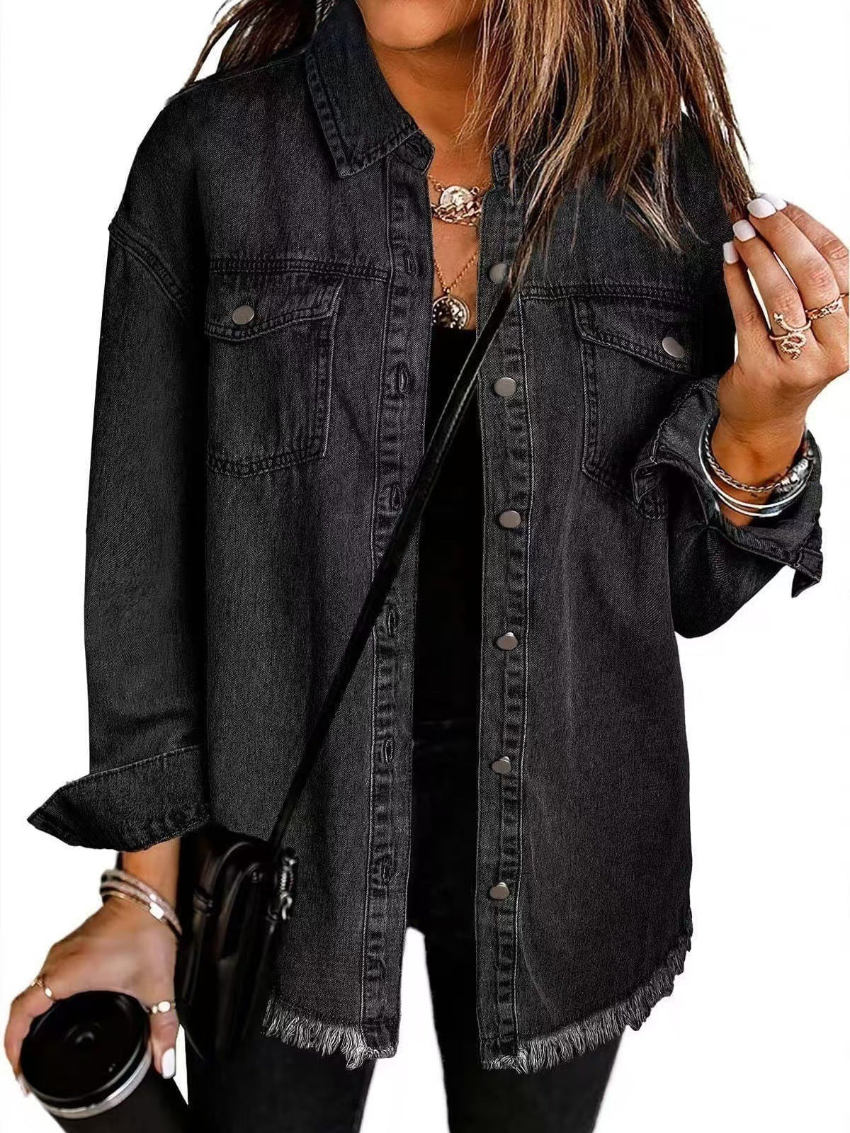 Frayed Hem Relaxed Fit Denim Jacket