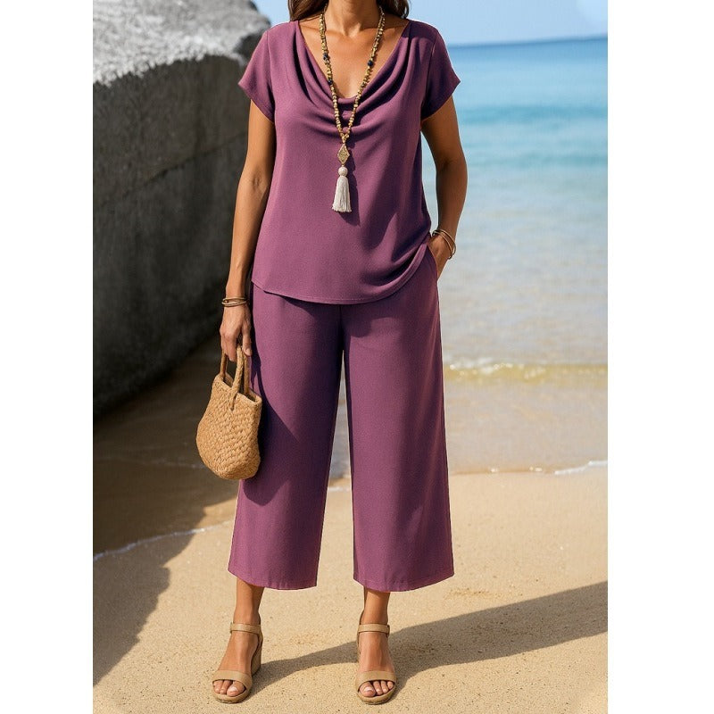 Soft Knit Pile Collar Wide-Leg Pants Set