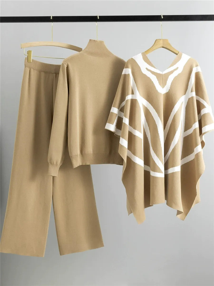 Three-Piece  Set Geometric Pattern Knitted Shawl Cape