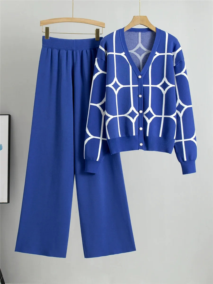 Twp-Piece Geometric Pattern Relaxed Cropped Knitted Cardigan Set
