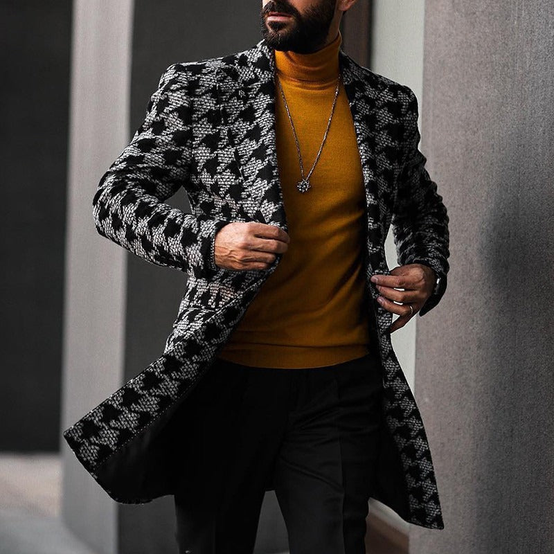 Tailored Geometric Pattern Wool Blend Trench Coat