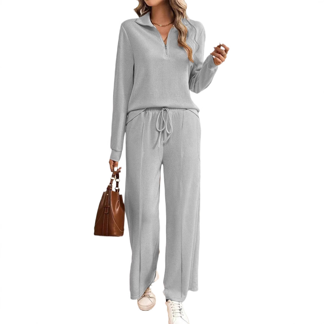Textured Knit Zip Collar Lounge Set